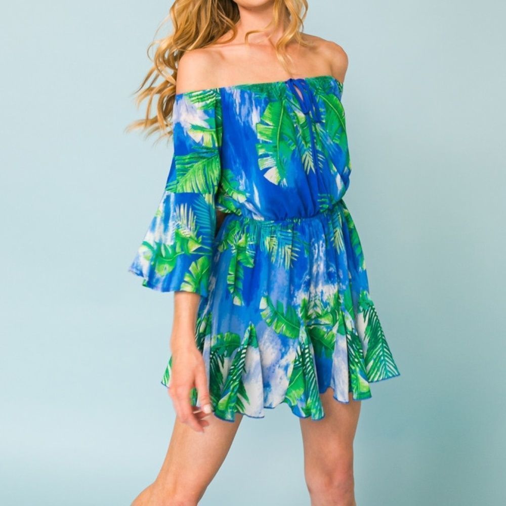 Flying Tomato Blue & Green Off-Shoulder Tropical Romper